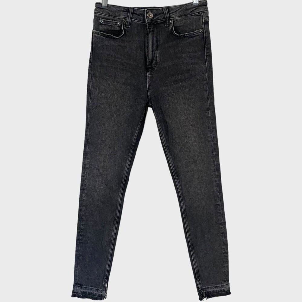 Zara High-Waisted Skinny Jeans Womens Size 4 Black Dark Wash Faded Denim Raw-Hem